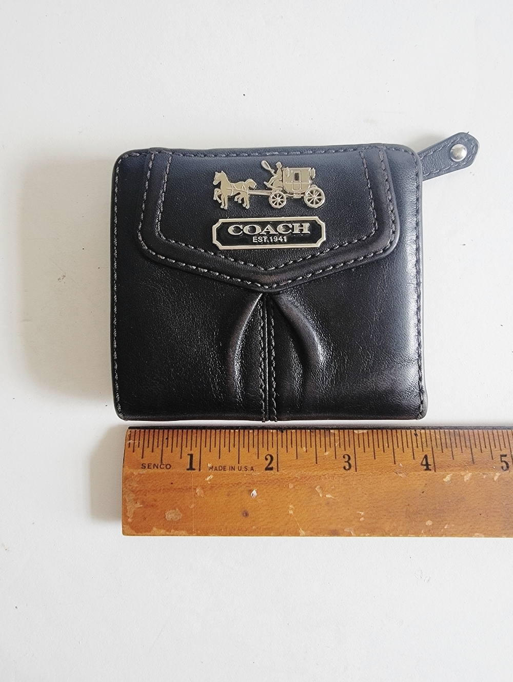 COACH Mini Small Black Leather Bifold Wallet with Horse & Carriage Logo Tiny - Picture 12 of 16